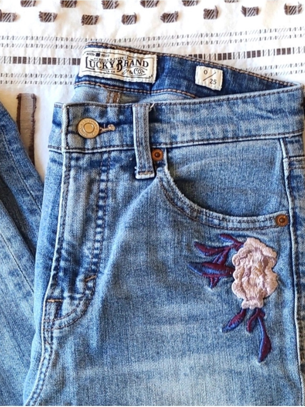 Lucky Brand Light Blue High-Rise Jeans with Pink & Purple Floral Embroidery